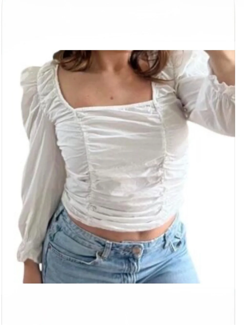 Zara White Ruched Square-Neck Puff-Sleeve Blouse